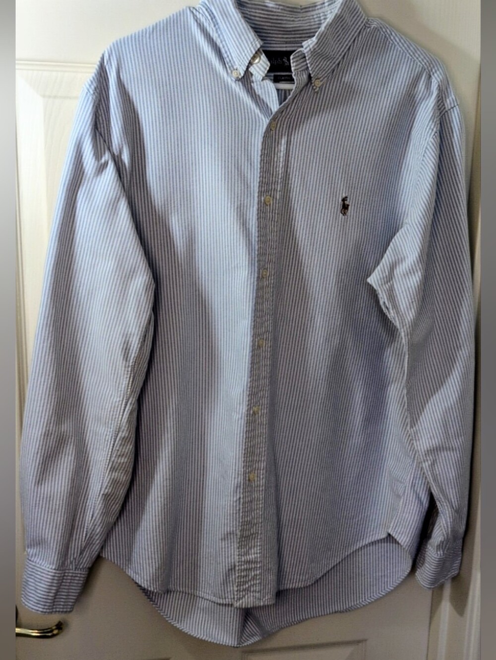 Ralph Lauren Blue & White Narrow Stripe Button-Down Shirt, Size Large